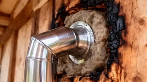 Przejście komina stalowego przez ścianę drewnianą